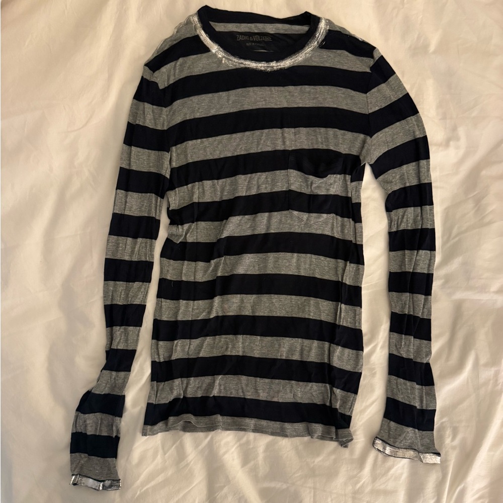 Zadig & Voltaire Black and Gray Striped Long-Sleeve Tee